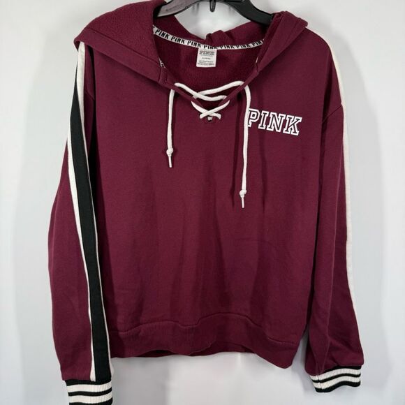 PINK Victoria's Secret Lace-Up Hoodie burgundy with black white stripe sleeves s - Picture 1 of 9